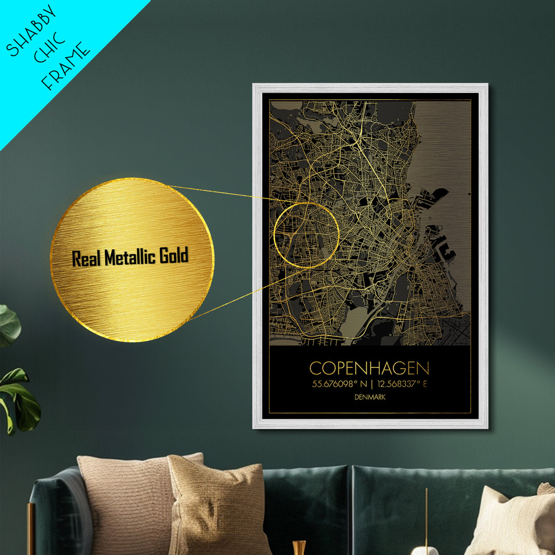 Copenhagen Denmark City Poster, Metallic Gold Art, Metal Art, real wood frames, black and gold, Map Art, Best Friend Gifts