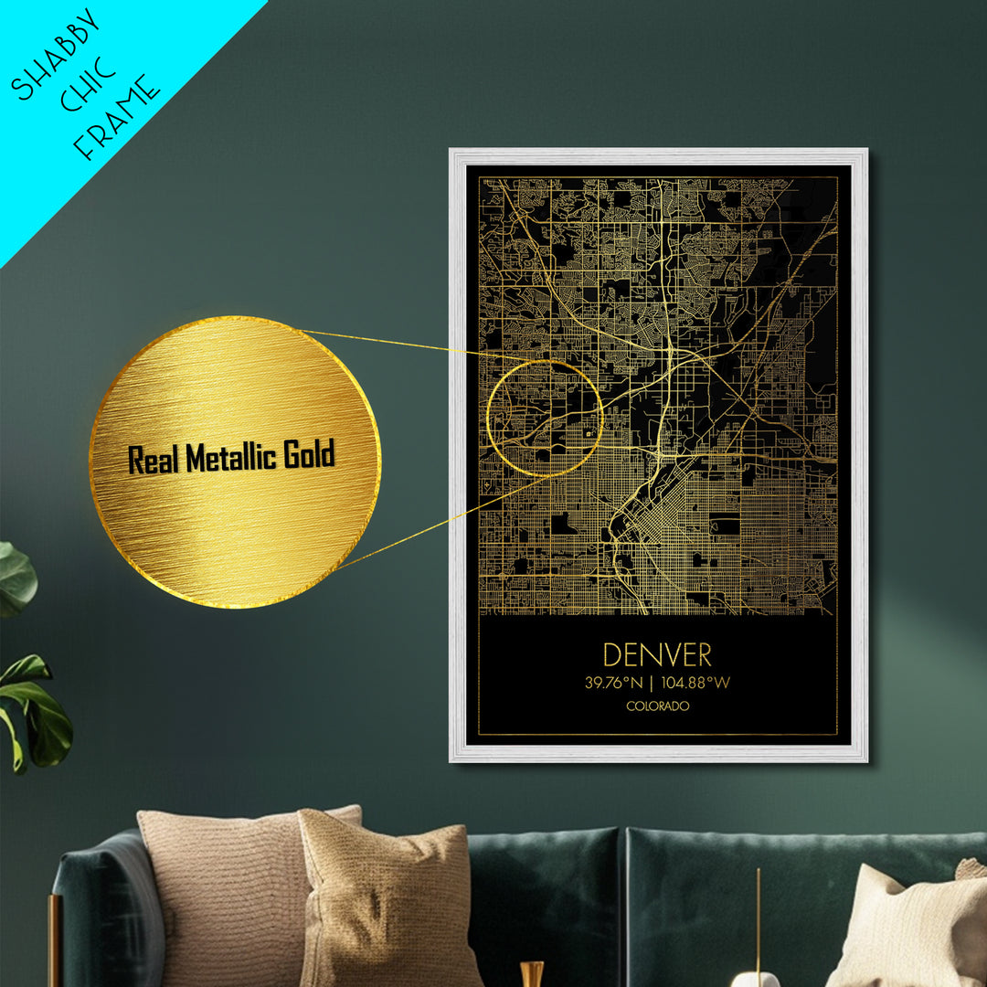 Denver Colorado City street map, Metallic Gold Print, Metal Art, wood framed map, black and gold, Map Art, Housewarming Gift