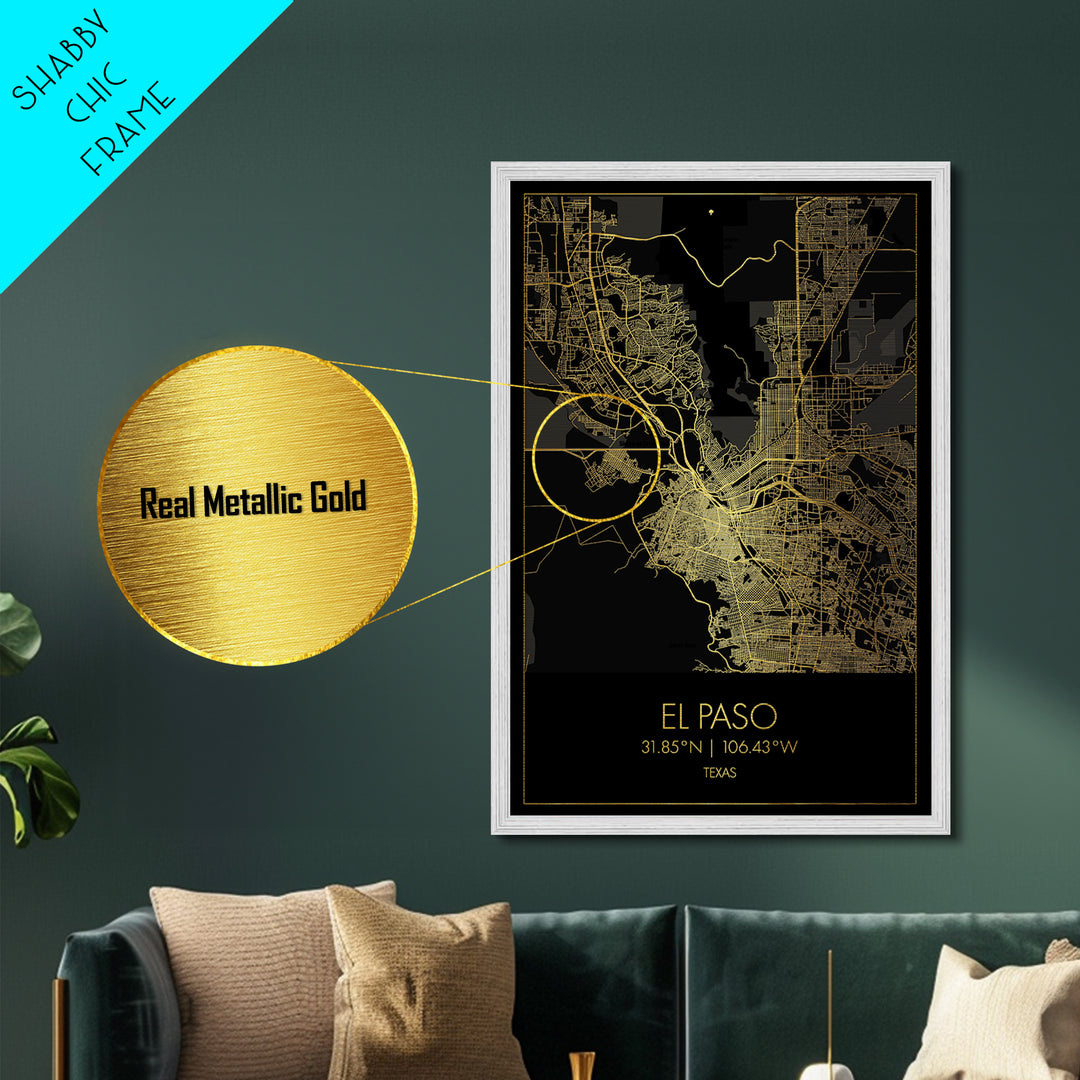 El Paso Texas City Poster, Metallic Gold Art, Metal Art, real wood frames, black and gold, Minimalist Wall Art, Map Print Poster