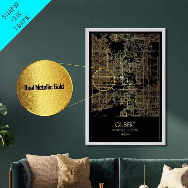 Gilbert Arizona City Poster, Metallic Gold Art, Metal Art, real wood frames, black and gold, Minimalist Wall Art, Map Print Poster