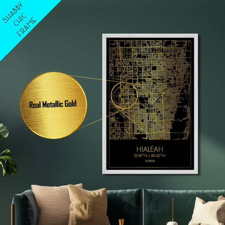 Hialeah Florida City Poster, Metallic Gold Art, Metal Art, real wood frames, black and gold, Map Art, Best Friend Gifts