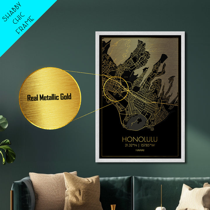 Honolulu Hawaii City Poster, Metallic Gold Art, Metal Art, real wood frames, black and gold, Minimalist Wall Art, Map Print Poster