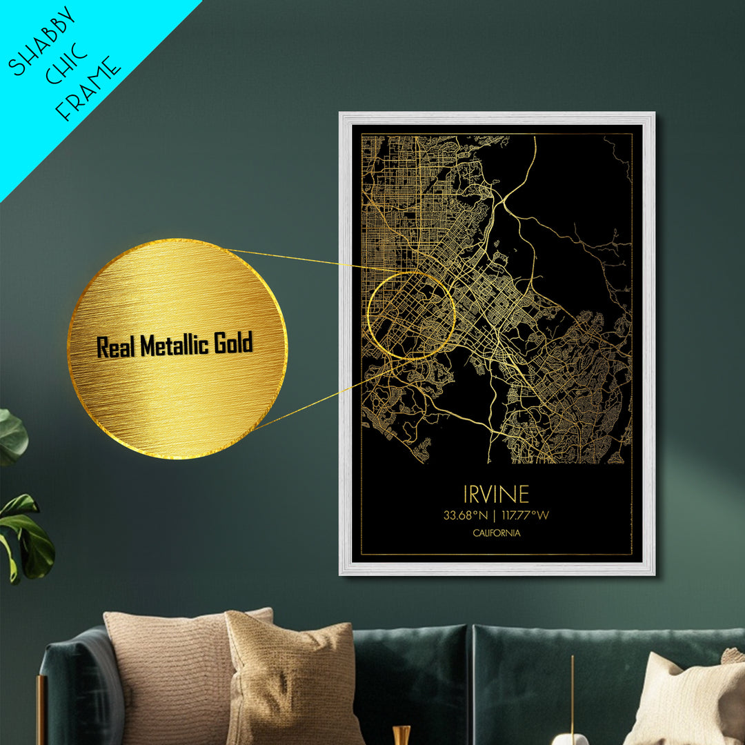 Irvine California City street map, Metallic Gold Print, Metal Art, wood framed map, black and gold, Street Map Art, Office Decor