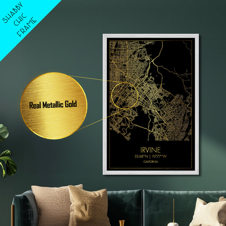 Irvine California City street map, Metallic Gold Print, Metal Art, wood framed map, black and gold, Street Map Art, Office Decor
