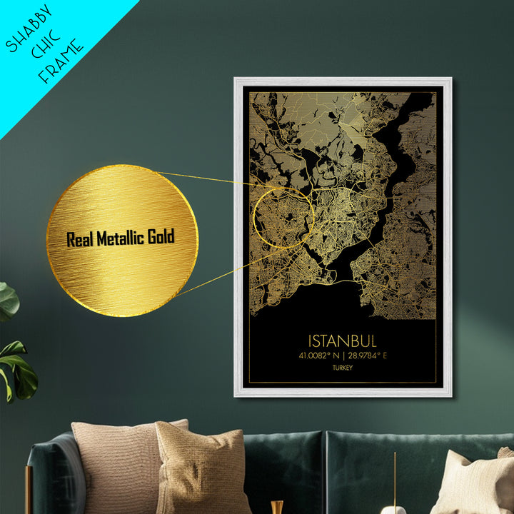 Istanbul Turkey City Poster, Metallic Gold Art, Metal Art, real wood frames, black and gold, Minimalist Wall Art, Map Print Poster