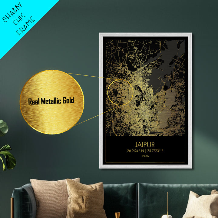 Jaipur India City street map, Metallic Gold Print, Metal Art, wood framed map, black and gold, Gold Street Map Art, Modern Wall Art
