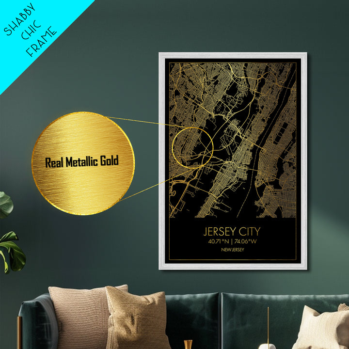 Jersey City New Jersey City Poster, Metallic Gold Art, Metal Art, real wood frames, black and gold, Minimalist Wall Art, Map Print Poster
