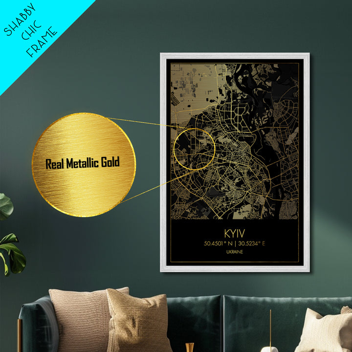 Kyiv Ukraine City street map, Metallic Gold Print, Metal Art, wood framed map, black and gold, Gold Street Map Art, Modern Wall Art