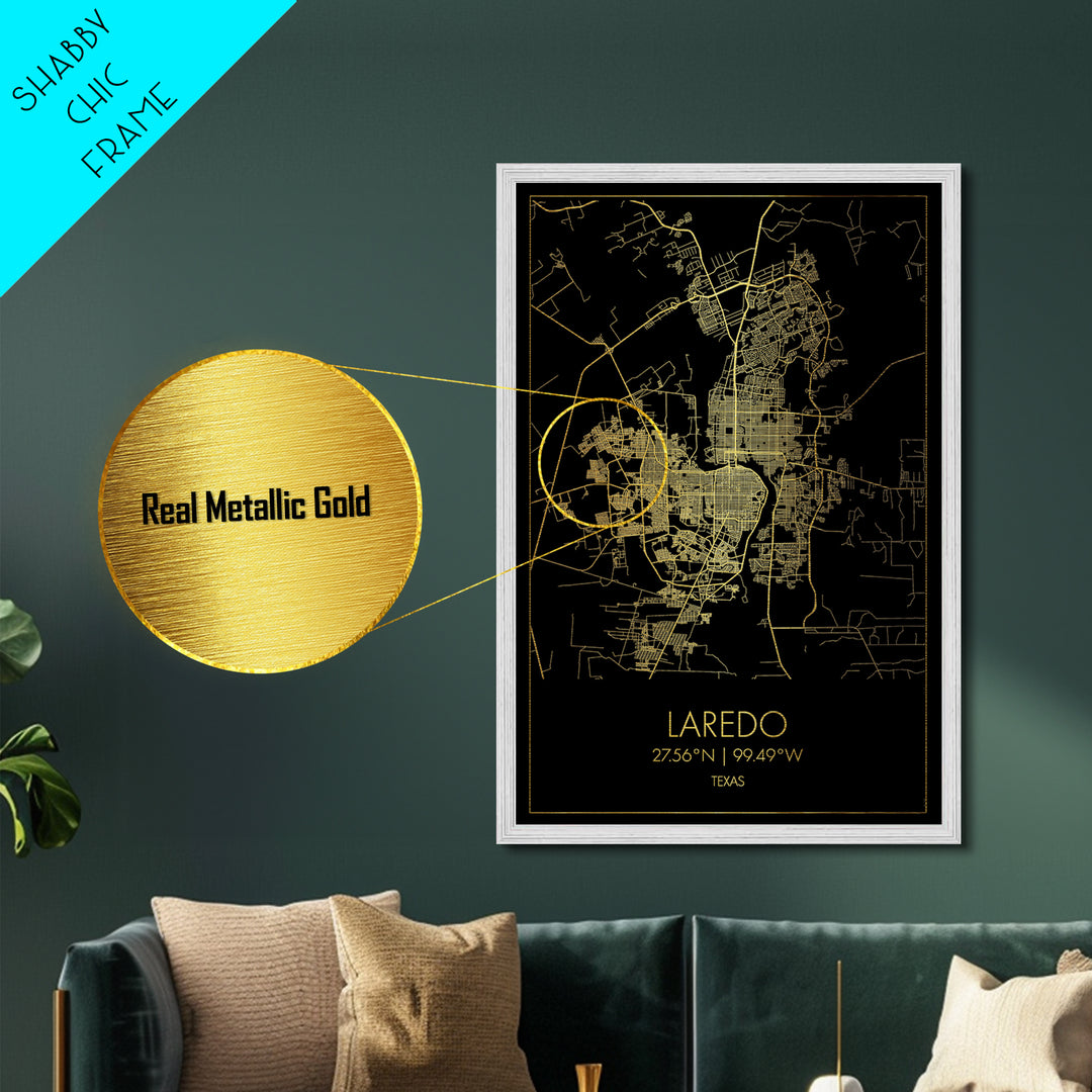 Laredo Texas City Poster, Metallic Gold Art, Metal Art, real wood frames, black and gold, Minimalist Wall Art, Map Print Poster