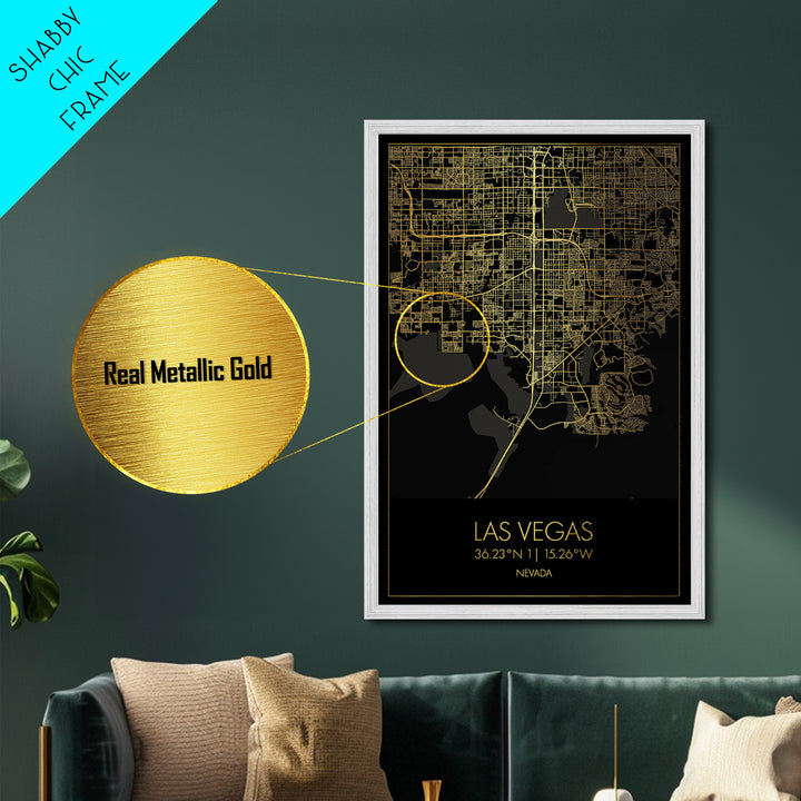 Las Vegas Nevada City street map, Metallic Gold Print, Metal Art, wood framed map, black and gold, Street Map Art, Office Decor