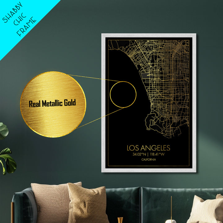 Los Angeles California City street map, Metallic Gold Print, Metal Art, wood framed map, black and gold, Street Map Art, Office Decor