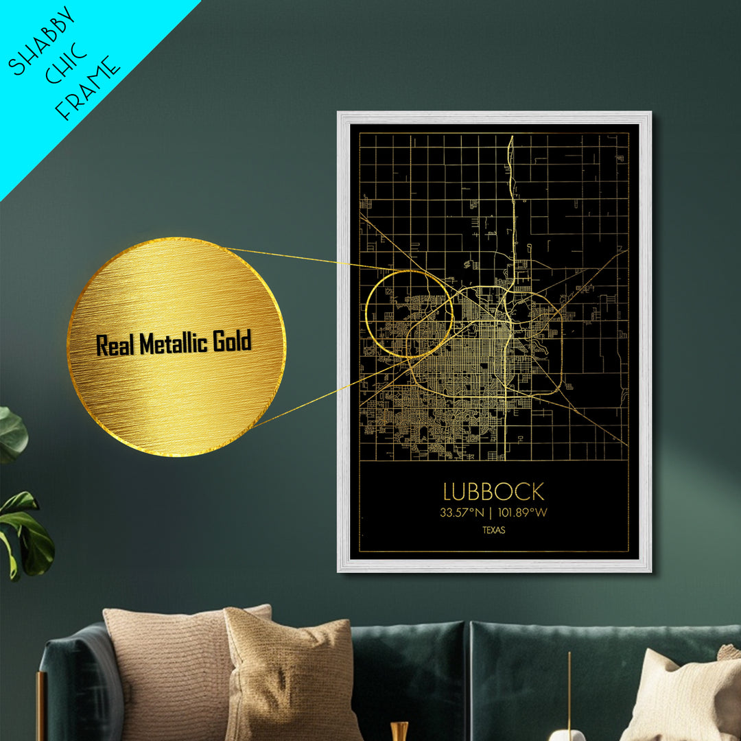 Lubbock Texas City street map, Metallic Gold Print, Metal Art, wood framed map, black and gold, Gold Street Map Art, Modern Wall Art