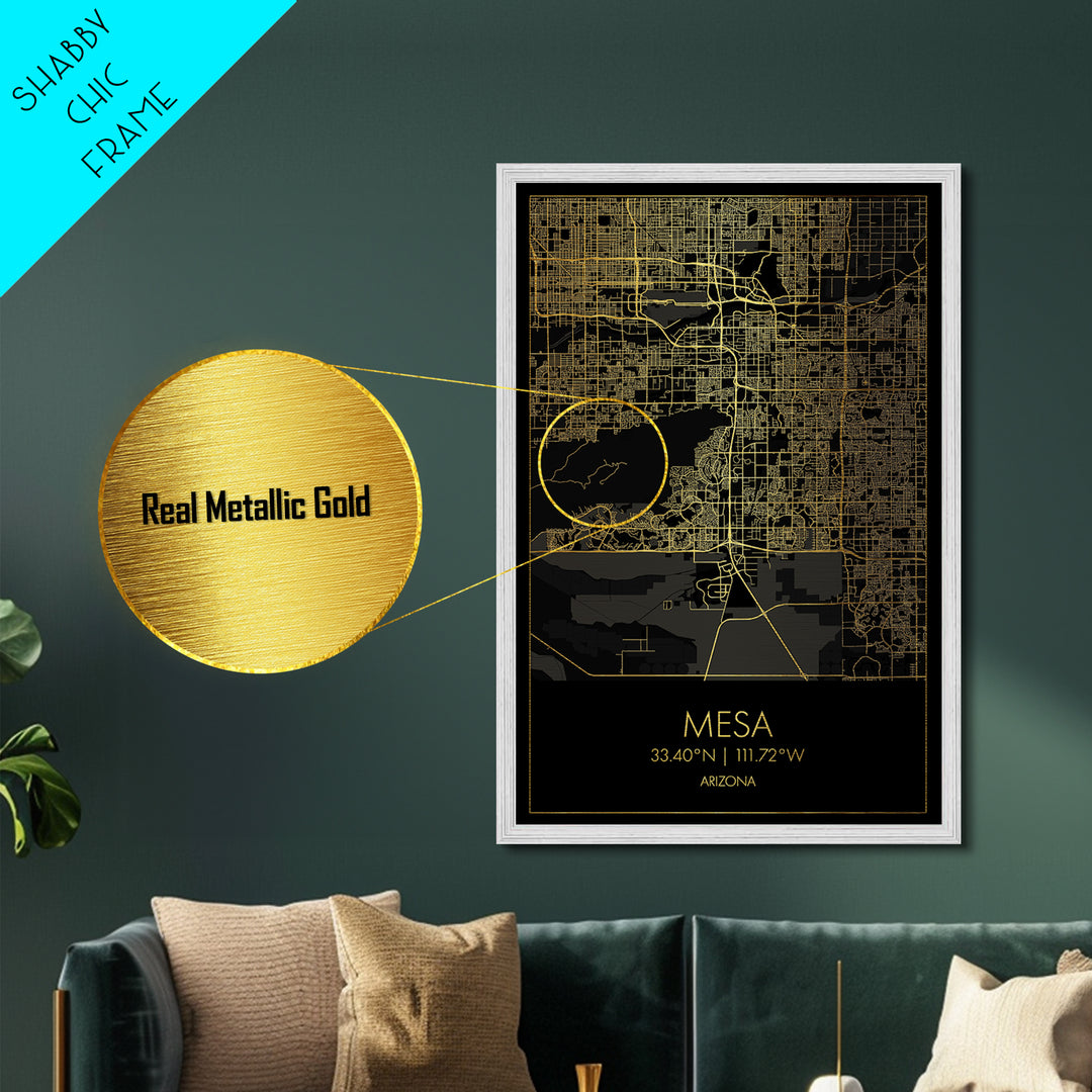 Mesa Arizona City Poster, Metallic Gold Art, Metal Art, real wood frames, black and gold, Map Art, Best Friend Gifts