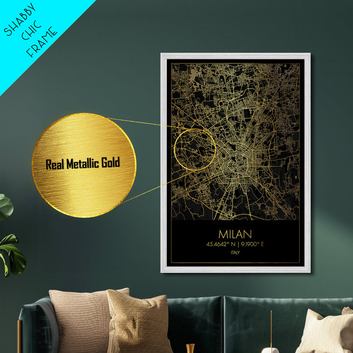Milan Italy City Poster, Metallic Gold Art, Metal Art, real wood frames, black and gold, Minimalist Wall Art, Map Print Poster