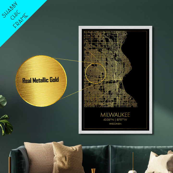 Milwaukee Wisconsin City street map, Metallic Gold Print, Metal Art, wood framed map, black and gold, Street Map Art, Office Decor