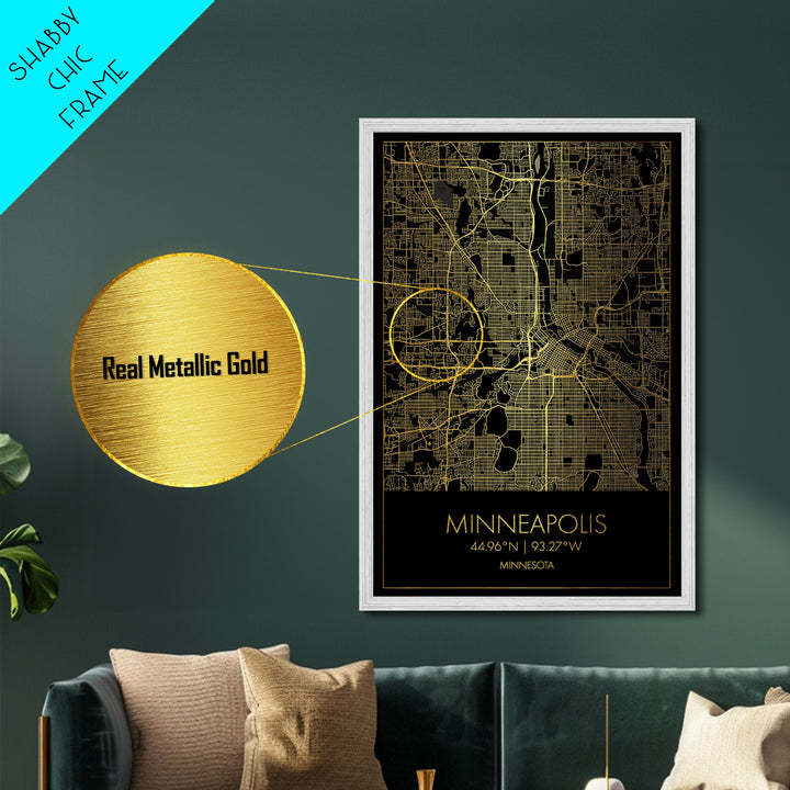 Minneapolis Minnesota City Poster, Metallic Gold Art, Metal Art, real wood frames, black and gold, Map Art, Best Friend Gifts