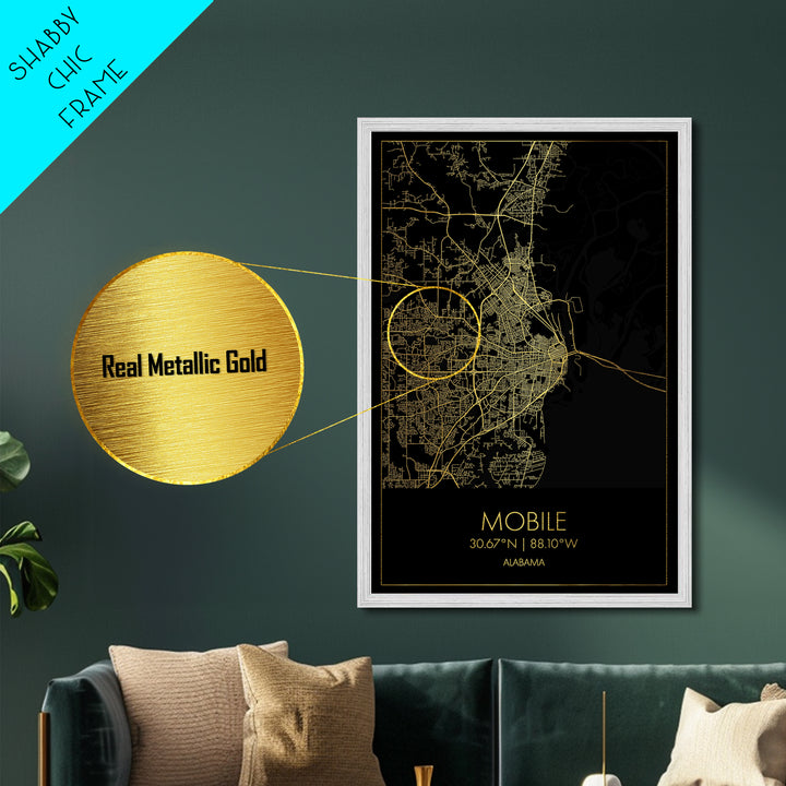 Mobile Alabama City street map, Metallic Gold Print, Metal Art, wood framed map, black and gold, Gold Street Map Art, Modern Wall Art