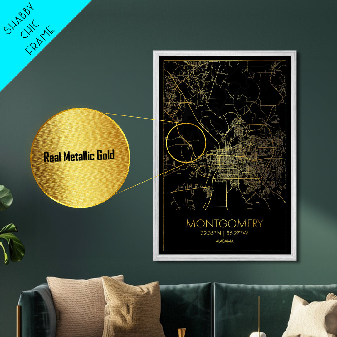 Montgomery Alabama City street map, Metallic Gold Print, Metal Art, wood framed map, black and gold, Street Map Art, Office Decor