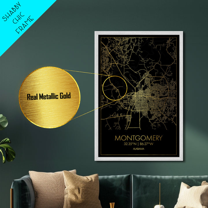 Montgomery Alabama City street map, Metallic Gold Print, Metal Art, wood framed map, black and gold, Street Map Art, Office Decor