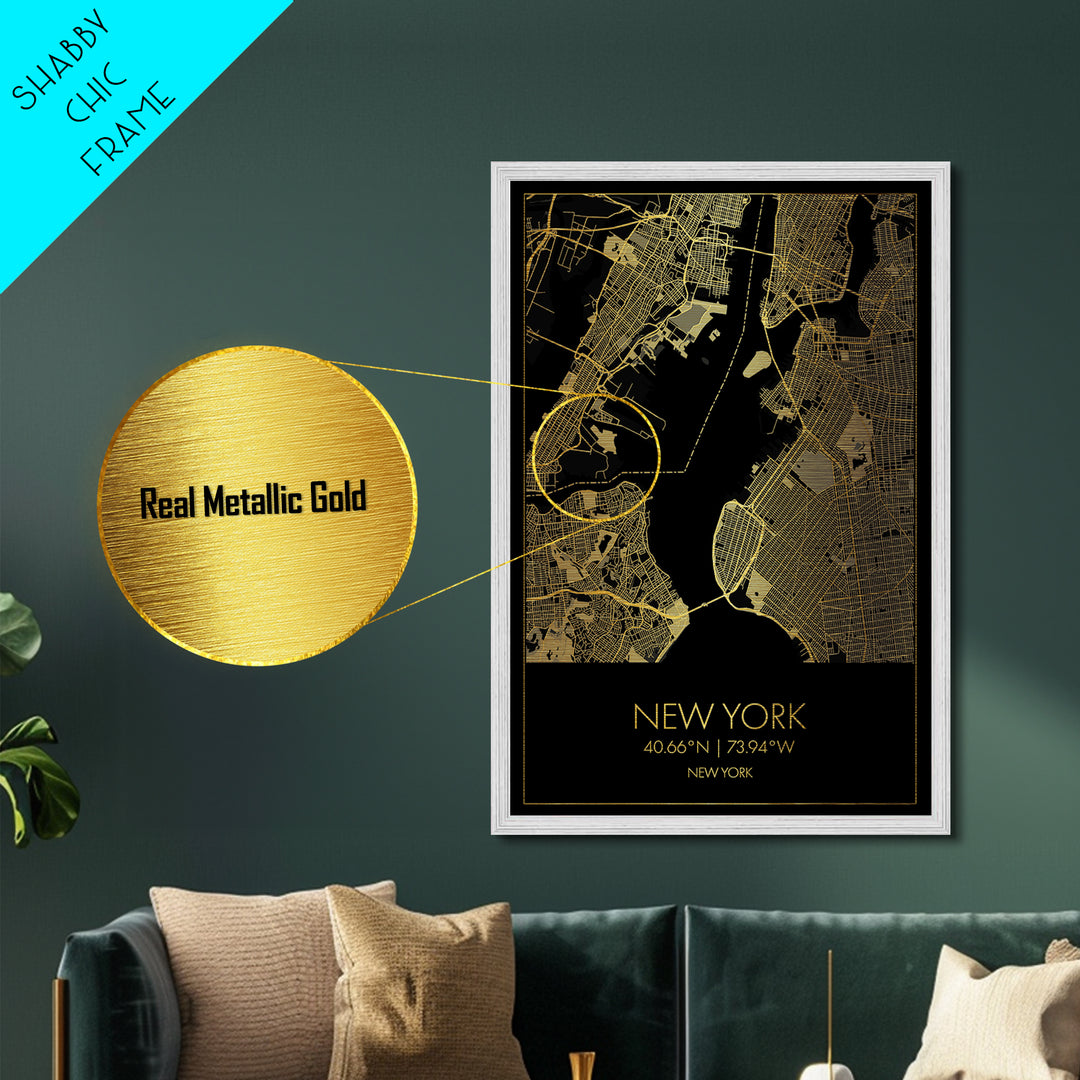 New York New York City street map, Metallic Gold Print, Metal Art, wood framed map, black and gold, Street Map Art, Office Decor