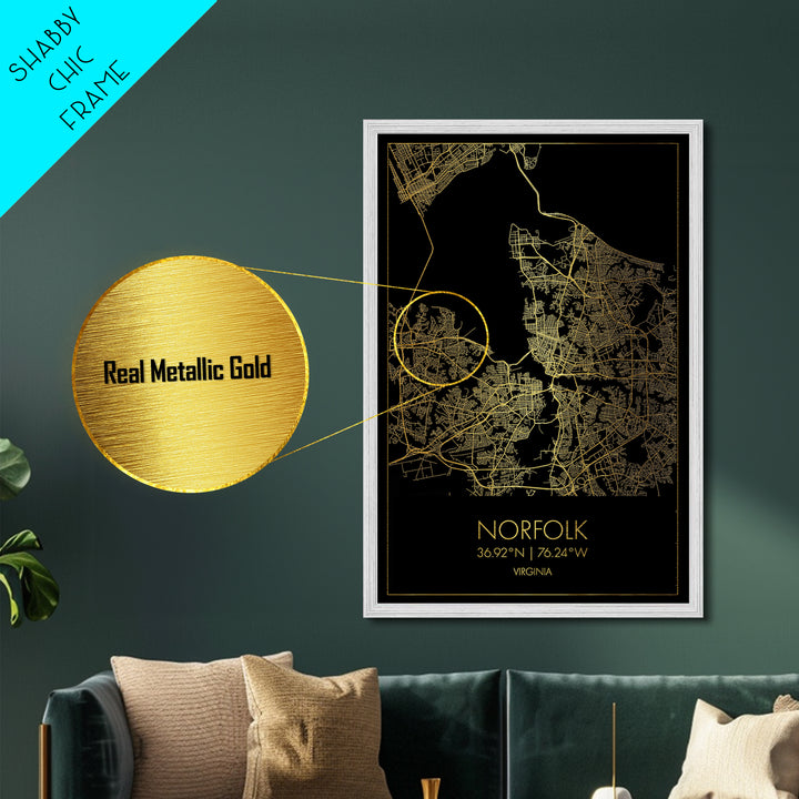 Norfolk Virginia City Poster, Metallic Gold Art, Metal Art, real wood frames, black and gold, Map Art, Best Friend Gifts