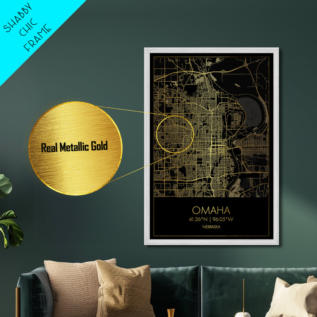 Omaha Nebraska City street map, Metallic Gold Print, Metal Art, wood framed map, black and gold, Gold Street Map Art, Modern Wall Art