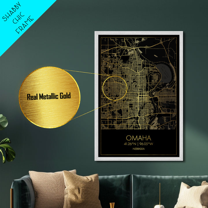 Omaha Nebraska City street map, Metallic Gold Print, Metal Art, wood framed map, black and gold, Gold Street Map Art, Modern Wall Art