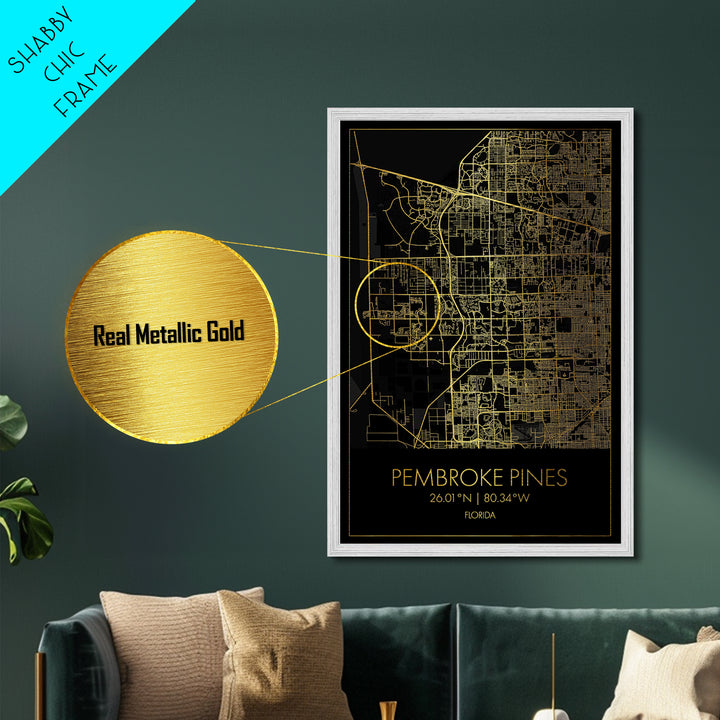 Pembroke Pines Florida City Poster, Metallic Gold Art, Metal Art, real wood frames, black and gold, Map Art, Best Friend Gifts