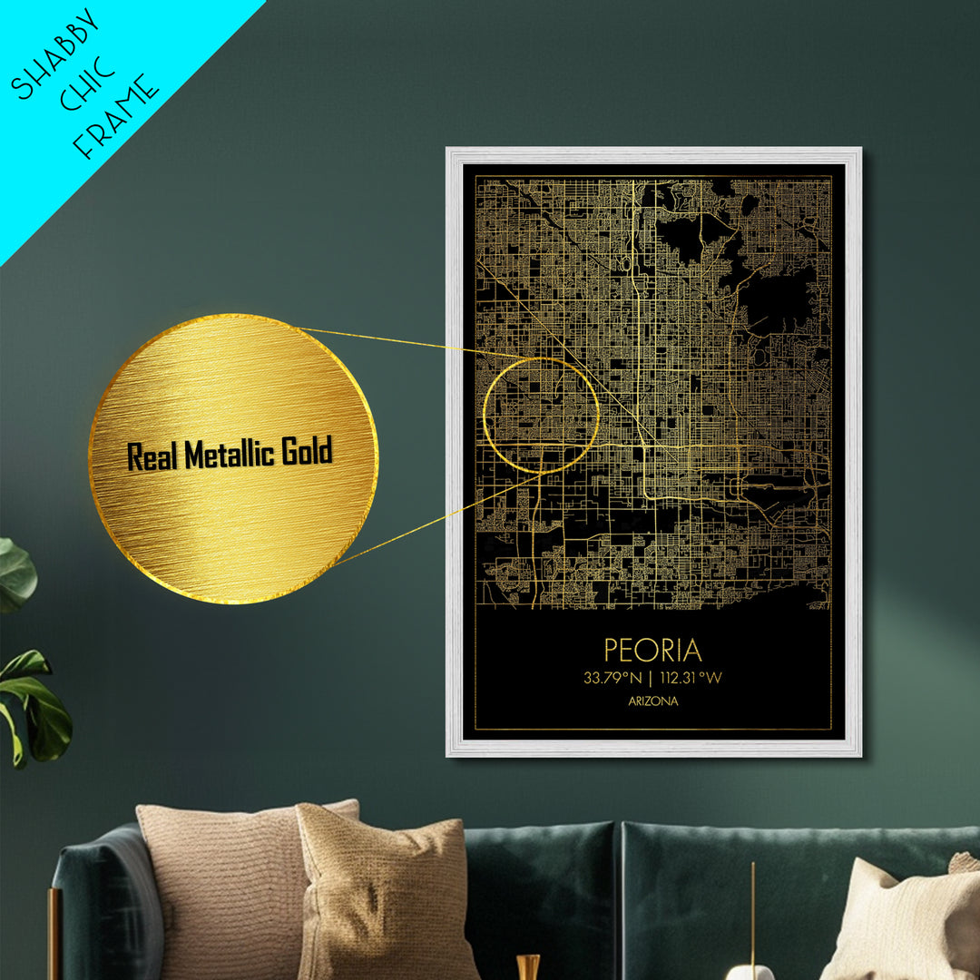 Peoria Arizona City street map, Metallic Gold Print, Metal Art, wood framed map, black and gold, Gold Street Map Art, Modern Wall Art