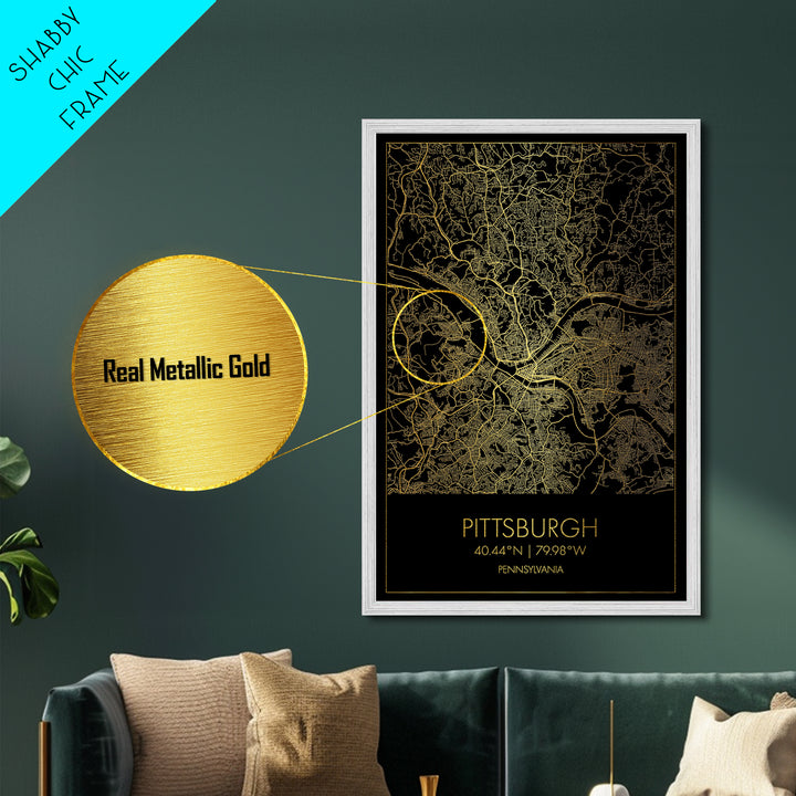 Pittsburgh Pennsylvania City Poster, Metallic Gold Art, Metal Art, real wood frames, black and gold, Map Art, Best Friend Gifts