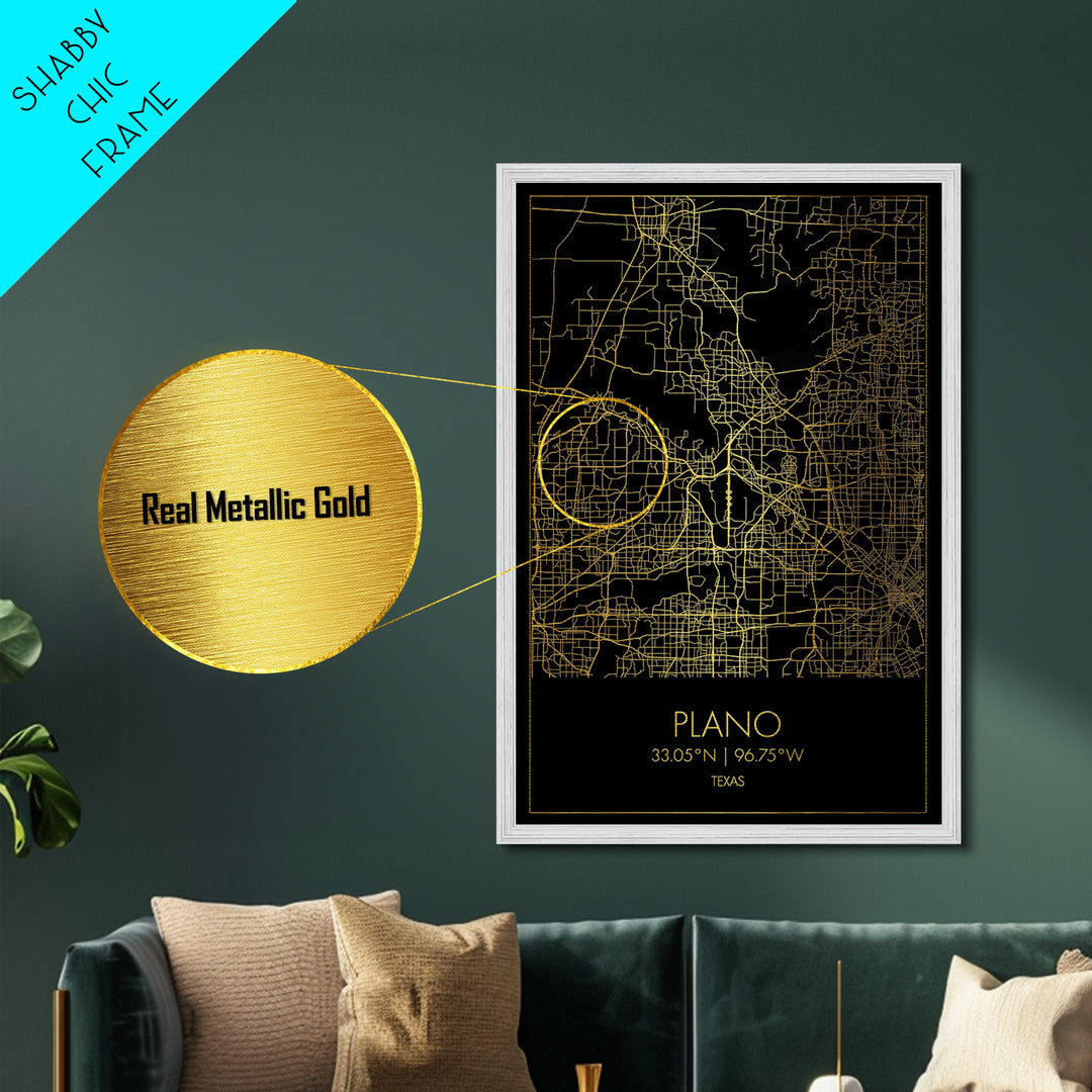 Plano Texas City Poster, Metallic Gold Art, Metal Art, real wood frames, black and gold, Minimalist Wall Art, Map Print Poster