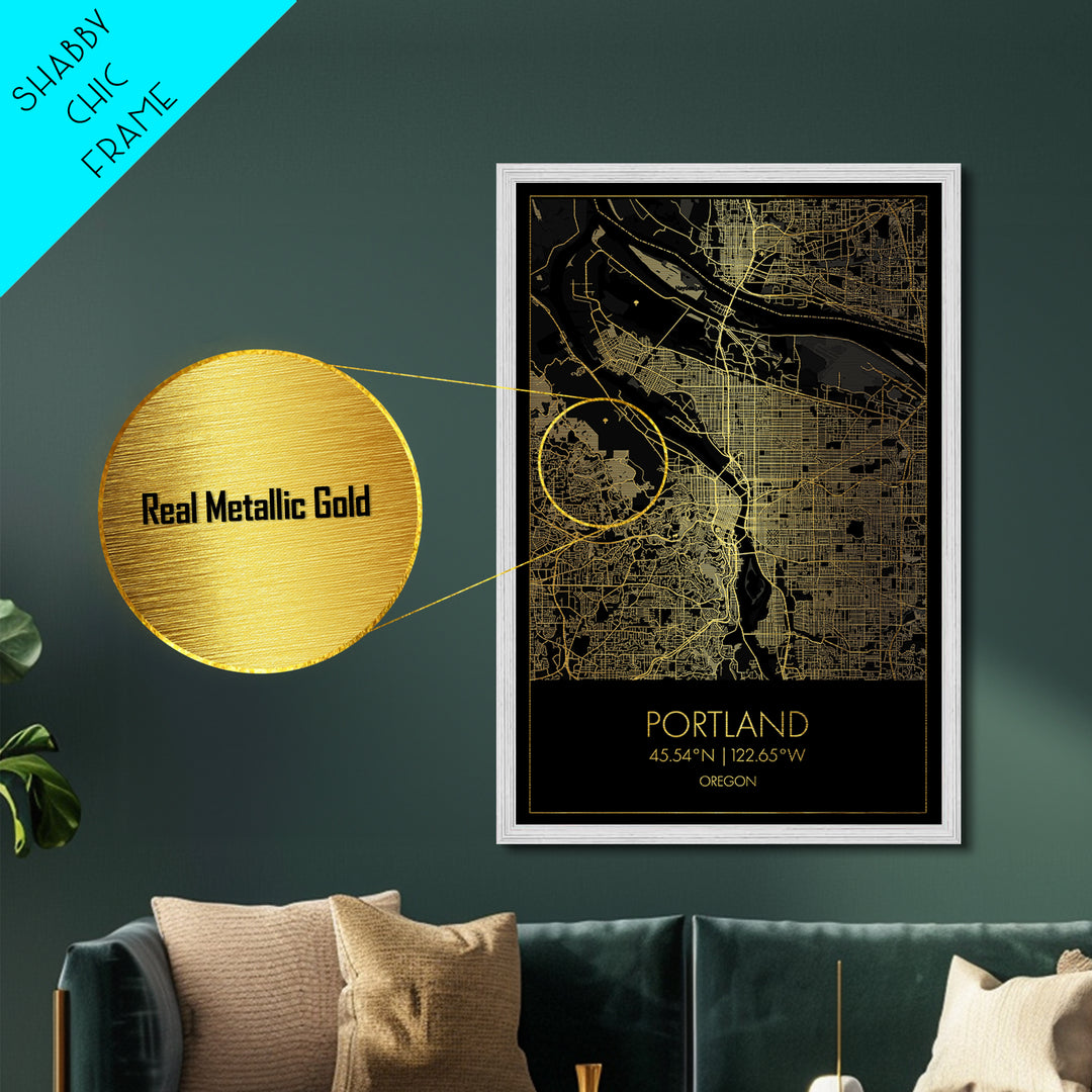 Portland Oregon City street map, Metallic Gold Print, Metal Art, wood framed map, black and gold, Street Map Art, Office Decor