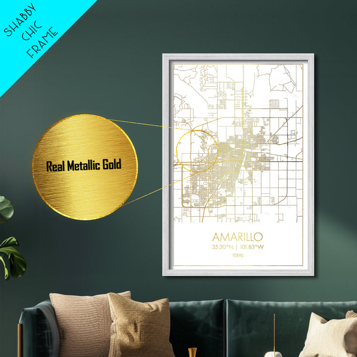 Amarillo Texas City Poster, Metallic Gold Art, Metal Art, real wood frames, black and gold, Map Art, Best Friend Gifts