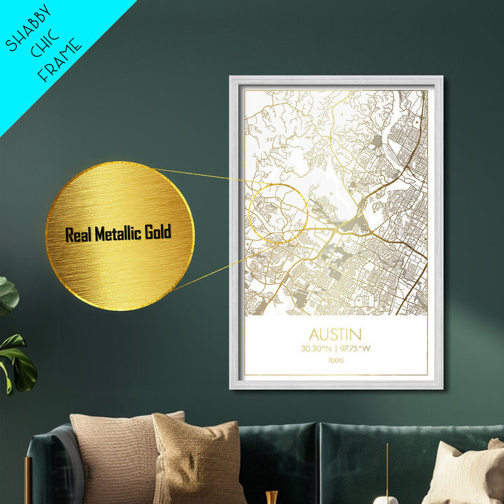 Austin Texas City Poster, Metallic Gold Art, Metal Art, real wood frames, black and gold, Street Map Art, Modern House Art