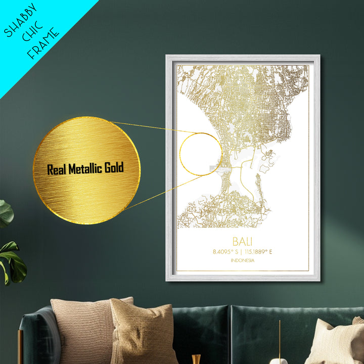 Bali Indonesia City Poster, Metallic Gold Art, Metal Art, real wood frames, black and gold, Map Art, Best Friend Gifts