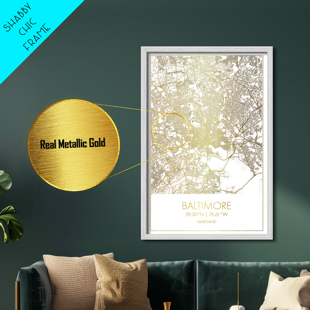 Baltimore Maryland City street map, Metallic Gold Print, Metal Art, wood framed map, black and gold, Gold Street Map Art, Modern Wall Art