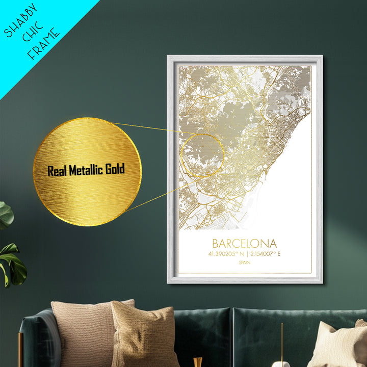 Barcelona Spain City street map, Metallic Gold Print, Metal Art, wood framed map, black and gold, Street Map Art, Office Decor