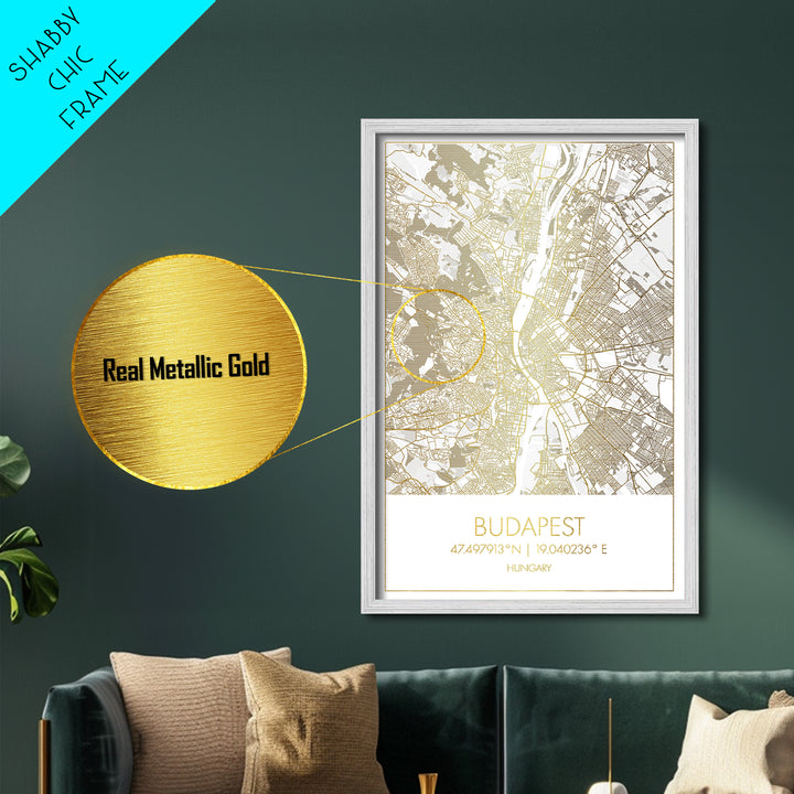 Budapest Hungary City Poster, Metallic Gold Art, Metal Art, real wood frames, black and gold, Minimalist Wall Art, Map Print Poster