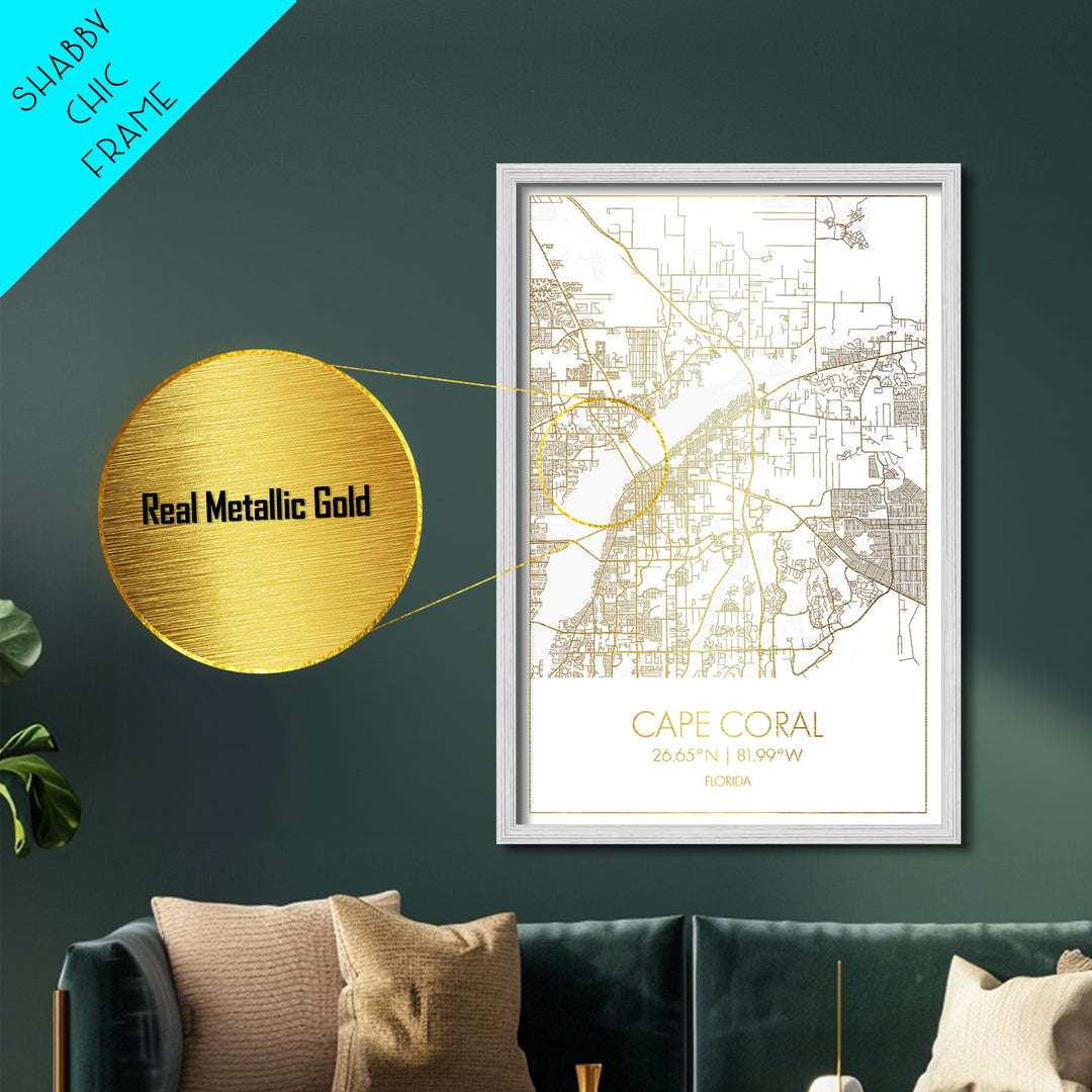 Cape Coral Florida City Poster, Metallic Gold Art, Metal Art, real wood frames, black and gold, Map Art, Best Friend Gifts