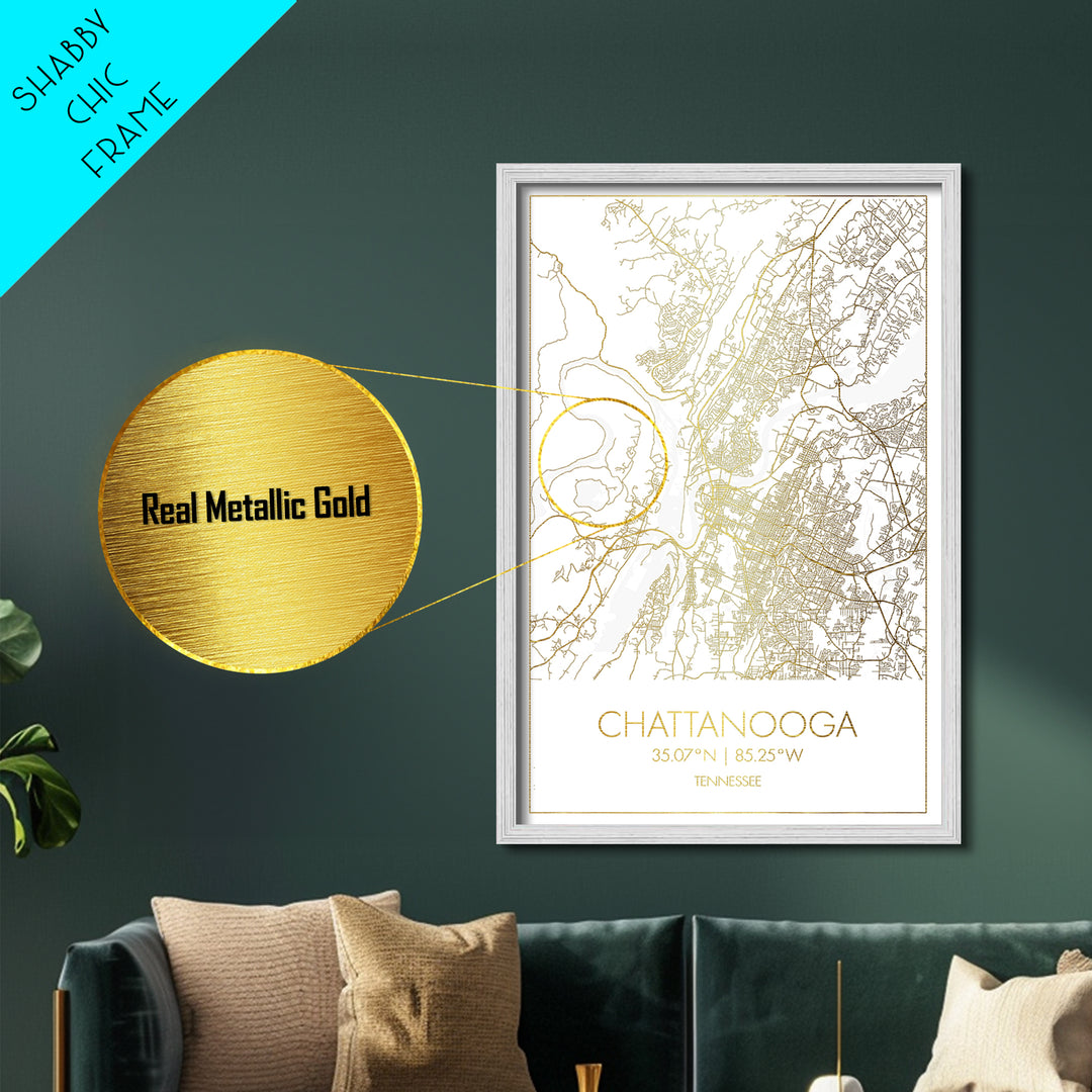 Chattanooga Tennessee City street map, Metallic Gold Print, Metal Art, wood framed map, black and gold, Street Map Art, Office Decor