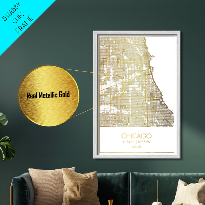 Chicago Illinois City street map, Metallic Gold Print, Metal Art, wood framed map, black and gold, Gold Street Map Art, Modern Wall Art