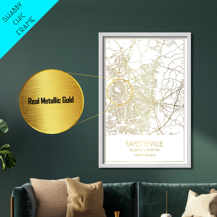 Fayetteville North Carolina City Poster, Metallic Gold Art, Metal Art, real wood frames, black and gold, Map Art, Best Friend Gifts