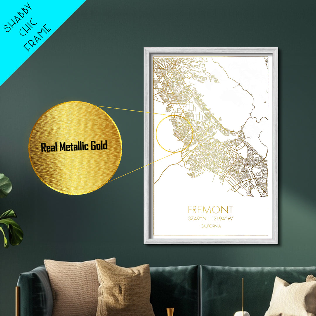 Fremont California City street map, Metallic Gold Print, Metal Art, wood framed map, black and gold, Gold Street Map Art, Modern Wall Art