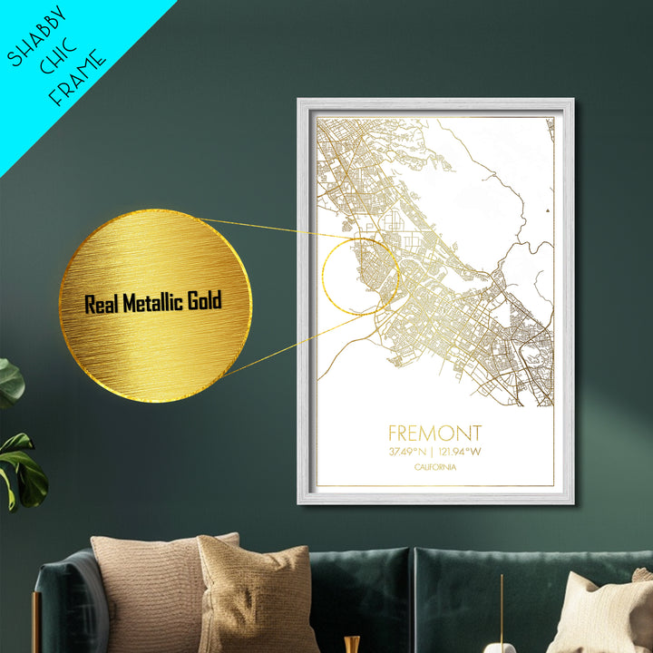 Fremont California City street map, Metallic Gold Print, Metal Art, wood framed map, black and gold, Gold Street Map Art, Modern Wall Art