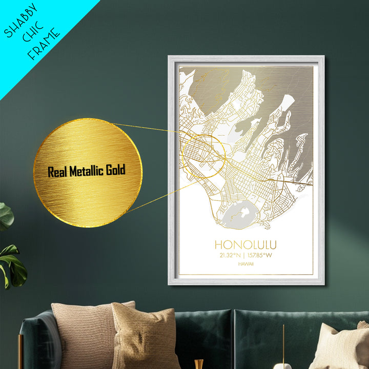 Honolulu Hawaii City Poster, Metallic Gold Art, Metal Art, real wood frames, black and gold, Minimalist Wall Art, Map Print Poster