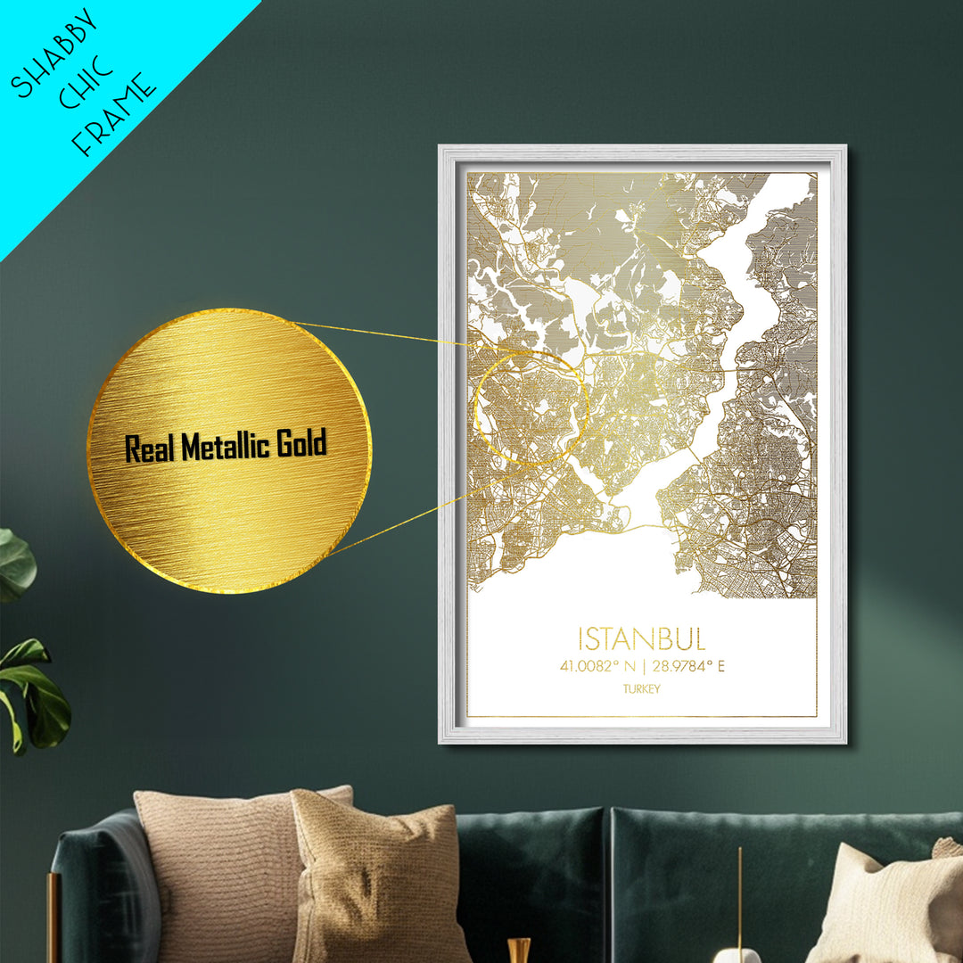 Istanbul Turkey City Poster, Metallic Gold Art, Metal Art, real wood frames, black and gold, Minimalist Wall Art, Map Print Poster