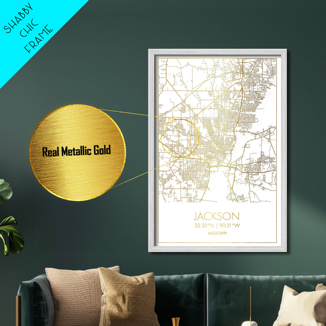 Jackson Mississippi City street map, Metallic Gold Print, Metal Art, wood framed map, black and gold, Street Map Art, Office Decor