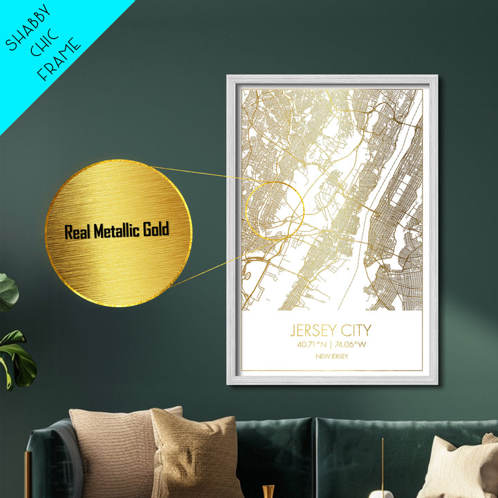 Jersey City New Jersey City Poster, Metallic Gold Art, Metal Art, real wood frames, black and gold, Minimalist Wall Art, Map Print Poster