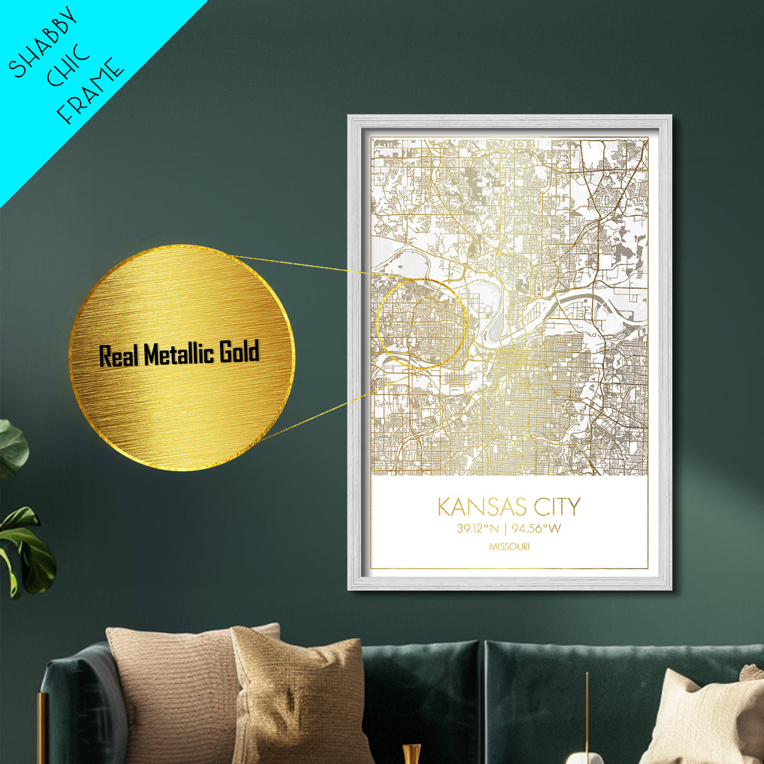 Kansas City Missouri City street map, Metallic Gold Print, Metal Art, wood framed map, black and gold, Street Map Art, Office Decor
