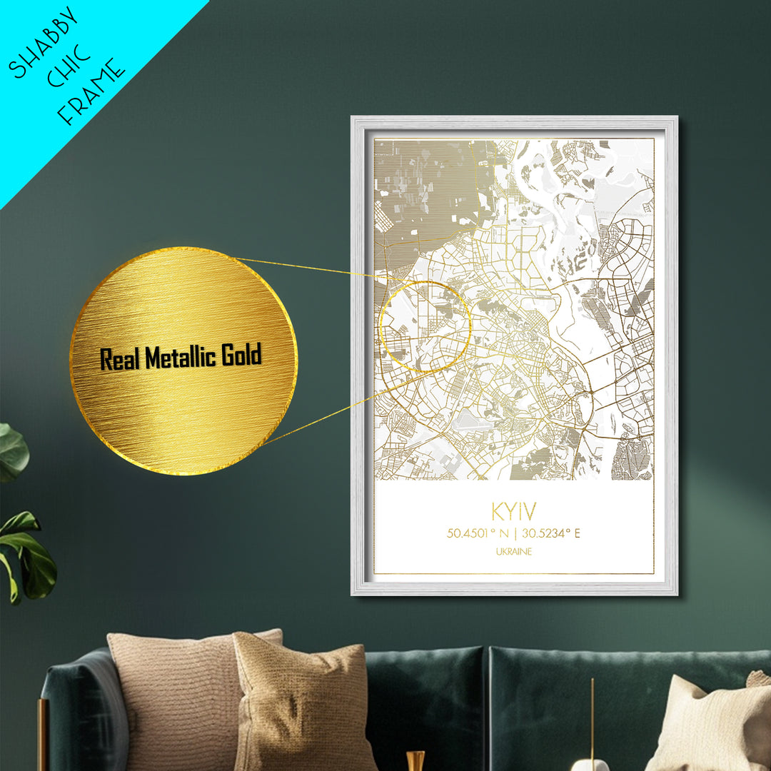 Kyiv Ukraine City street map, Metallic Gold Print, Metal Art, wood framed map, black and gold, Gold Street Map Art, Modern Wall Art